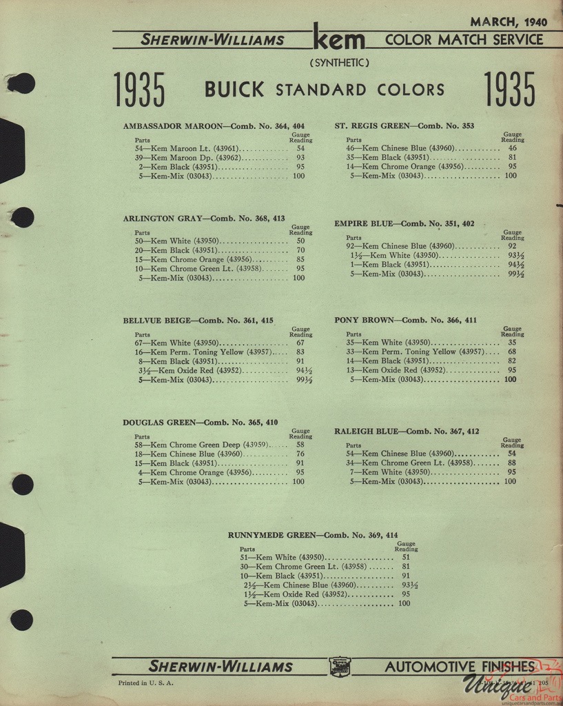 1935 Buick Paint Charts Williams 2